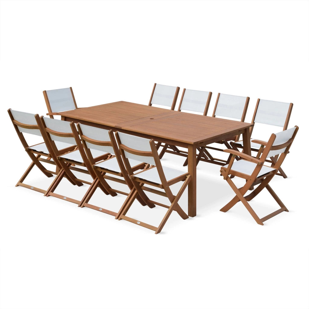 Set tavolo da giardino estensibile in legno con 10 sedie, marrone