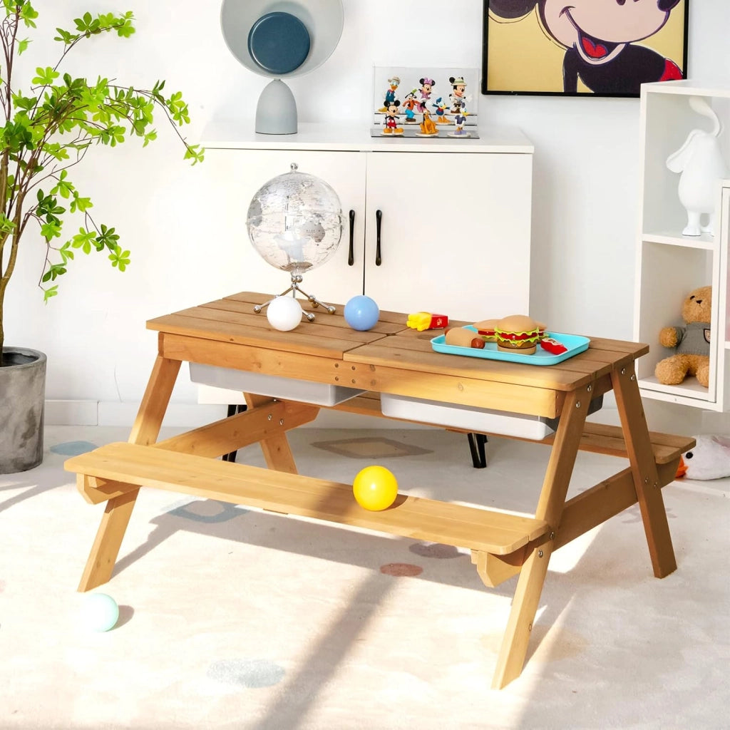 3-in-1 Set Tavolo Picnic per Bambini, con Ombrellone Regolabile e 2 Vaschette da Gioco, Panche per Bambini in Legno di Abete, Giochi Esterno da Giardino e Parco, 187 cm (Verde + Bianco + Blu)
