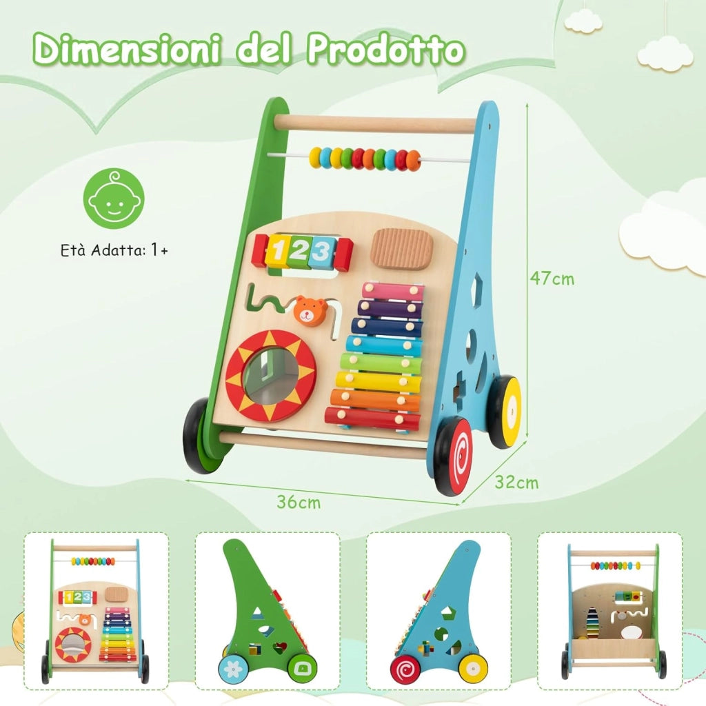 Girello in Legno per Bambini con Maniglie, Camminatore Multifunzionale per Neonati, Girello Primi Passi con Centro Attività, Giocattolo Montessori con Ruote, per Bambini 1+Anni (Colorato)