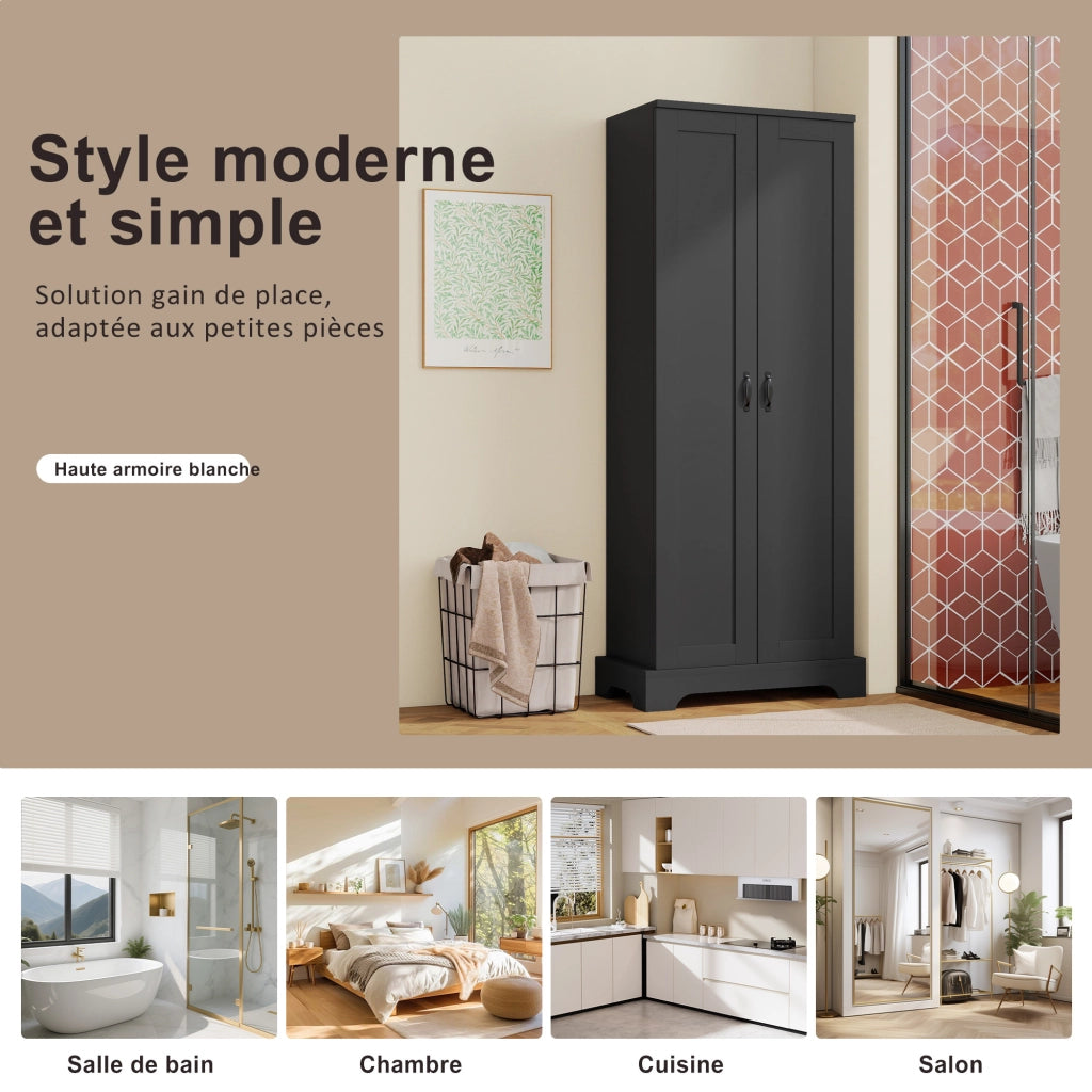 Armadietto da bagno con 2 ante, 4 ripiani regolabili e chiusura soft-close, per bagno, nero, 56 × 40 × 170 cm