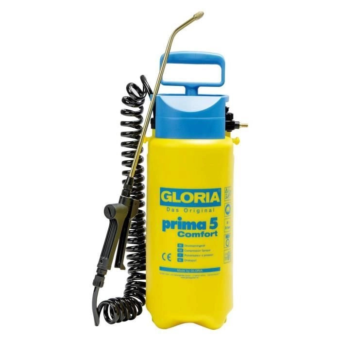 GLORIA - Prima 5 Comfort - Atomizzatore a pressione 5L con lancia e ugello in ottone e tubo spiralato 2m50