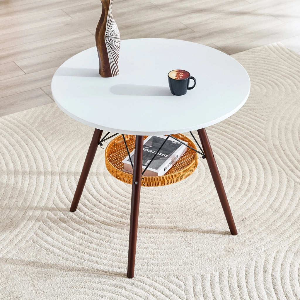 Tavolo rotondo ? 80 cm in MDF bianco e legno massello noce con cestello sospeso