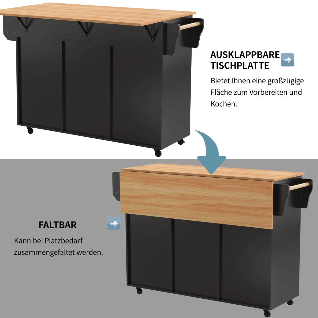 CARRELLO CUCINA con piano ribaltabile 139x46(71)x91,5 cm MDF Nero/Naturale