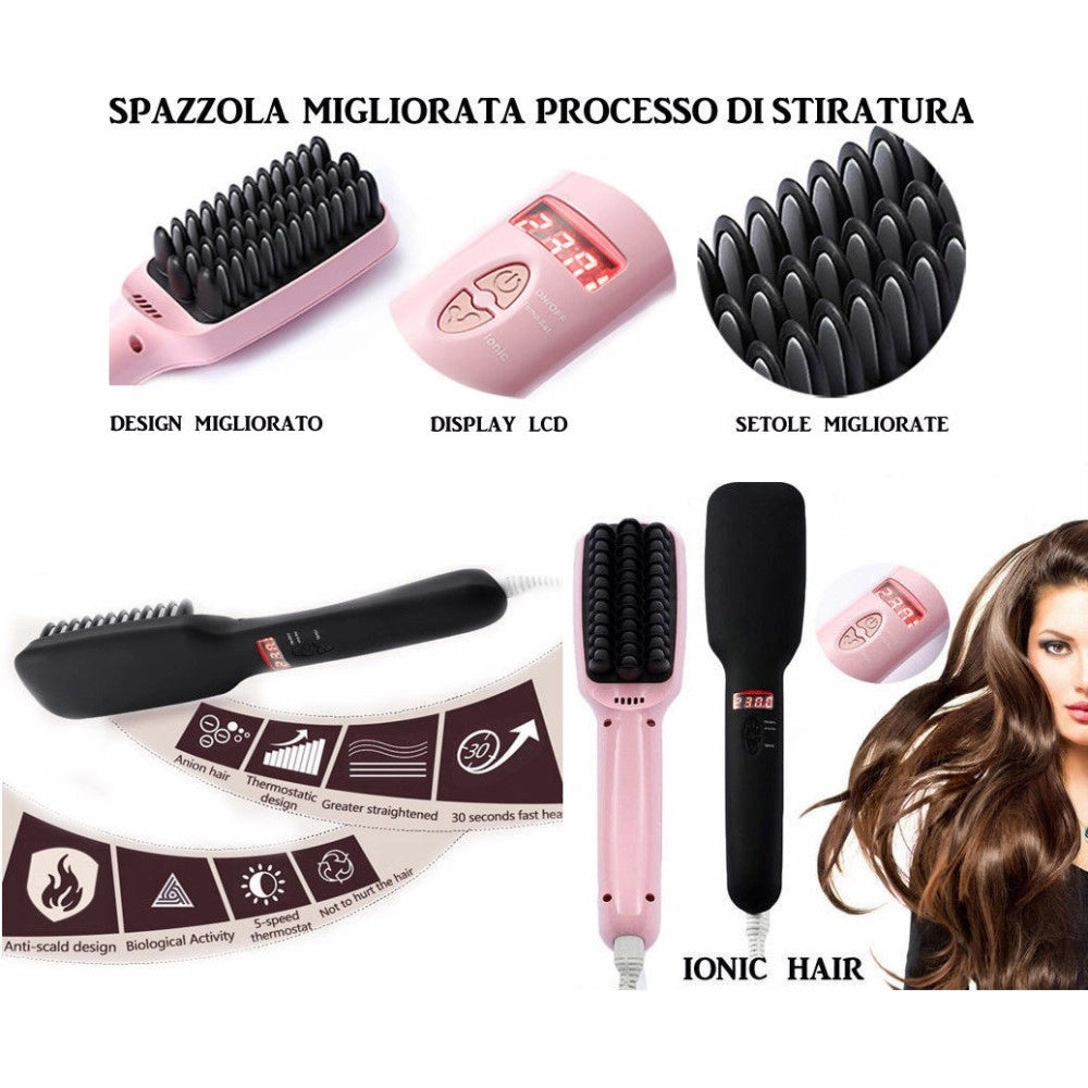 Trade Shop - Spazzola Ionica Elettrica Riscaldante Lcd Snoda Liscia Capelli Lisci 2 In 1 Ptc -