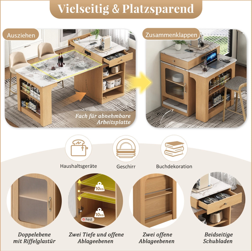 Isola cucina mobile con tavolo estensibile e prese, naturale