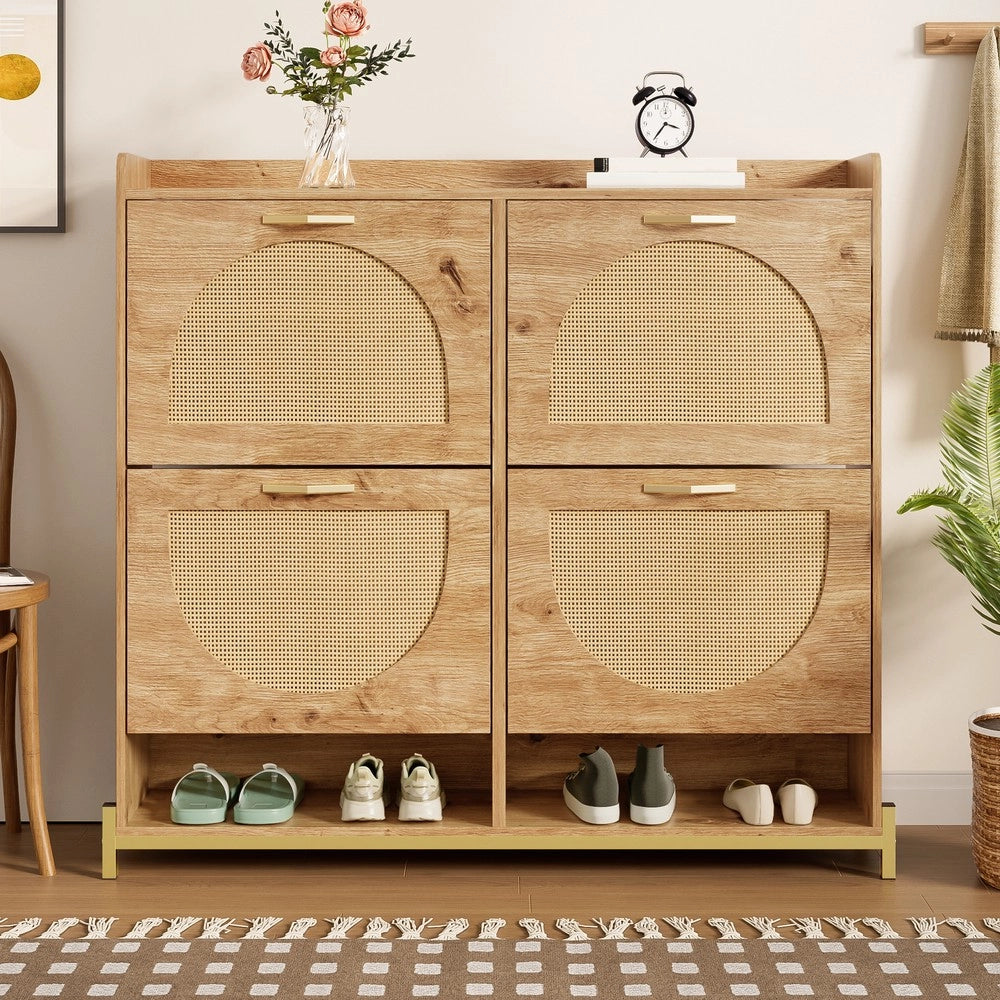 Scarpiera in Legno con Ante in Rattan e Ripiani ¨C MINIMAL ¨C 4 Ante, Metallo