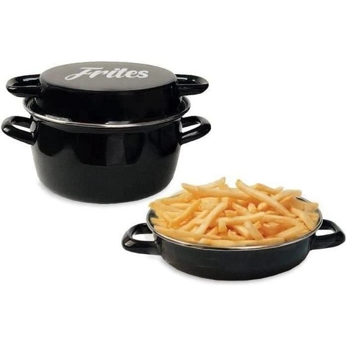 Friggitrice smaltata nera da 26 cm con cestello e coperchio in vetro
