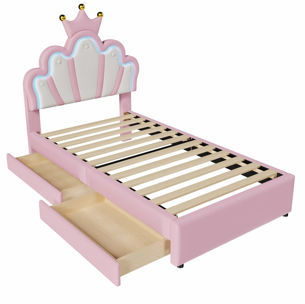 Letto imbottito 90x200 cm; testiera regolabile e luci LED; PU rosa (Senza materasso)