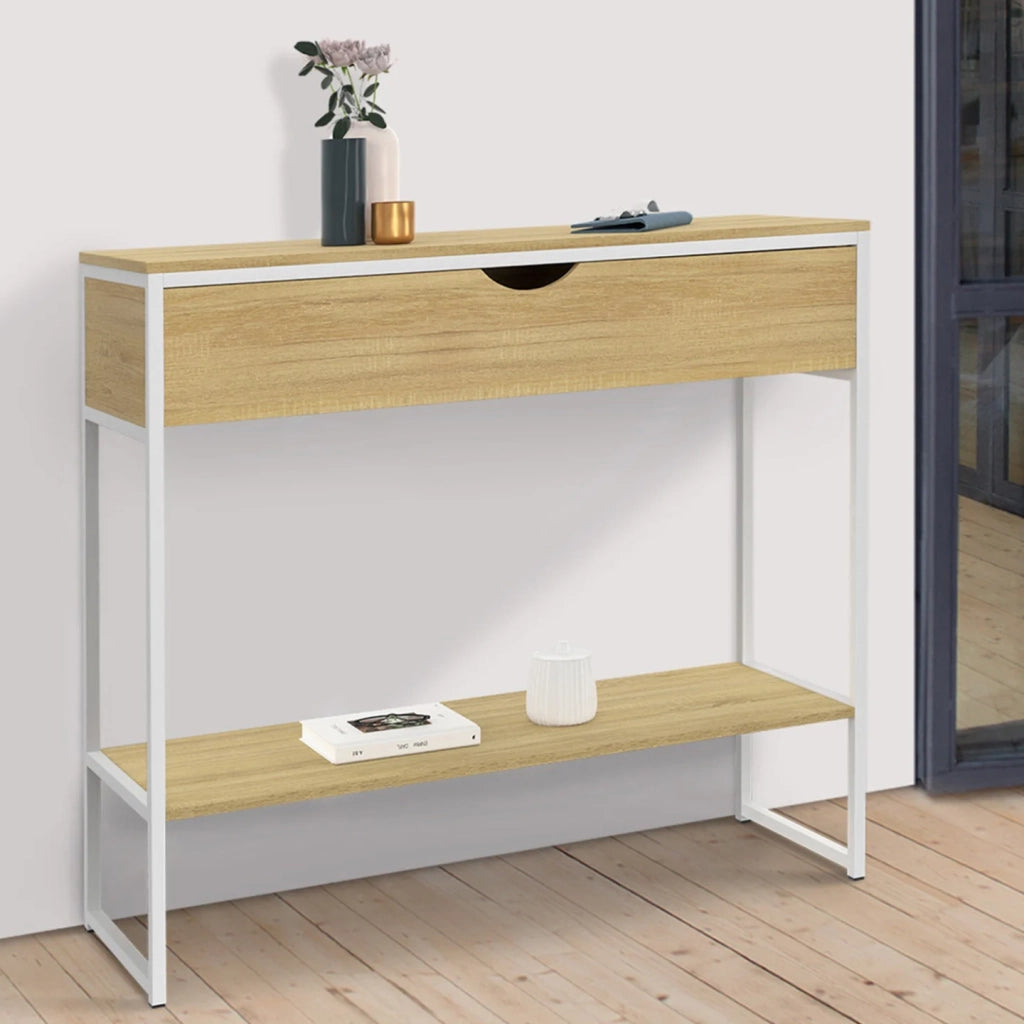 IDMarket - DETROIT Consolle a 1 cassetto con 1 ripiano, design industriale, legno e metallo bianco