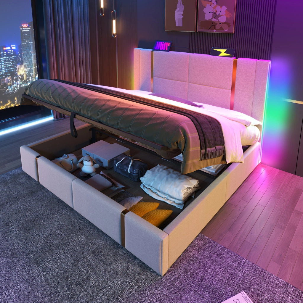 Letto matrimoniale imbottito 140x200 cm con contenitore; LED RGB; USB-C; beige in lino