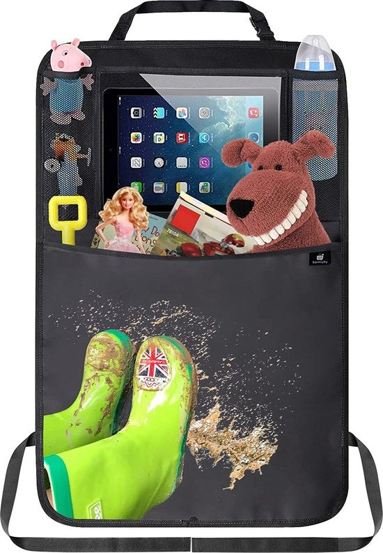 Protezione per il sedile posteriore degli autovetture, protegge il sedile posteriore dai calci dei bambini, organizzatore, contenitore trasparente extra grande per tablet/iPad, 1 pezzo