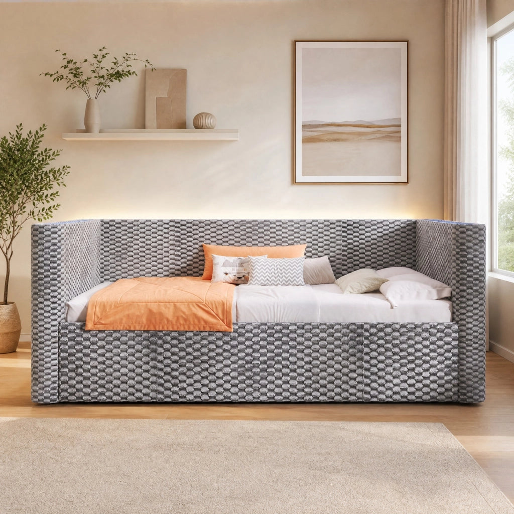 Divano letto daybed 90x200 cm in velluto grigio con illuminazione LED e contenitore idraulico