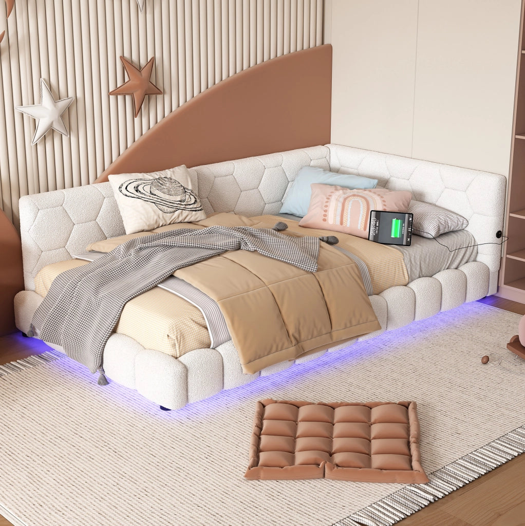 LETTO DAYBED 90x200 cm Bianco in Vliesimitat e MDF con LED, USB e Tipo-C