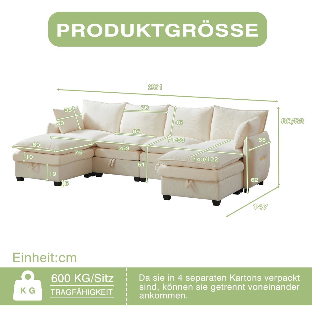 Divano U Modulare con Contenitore ¨C MINIMAL ¨C Velluto Chenille, Cuscini, Braccioli, Legno Massello