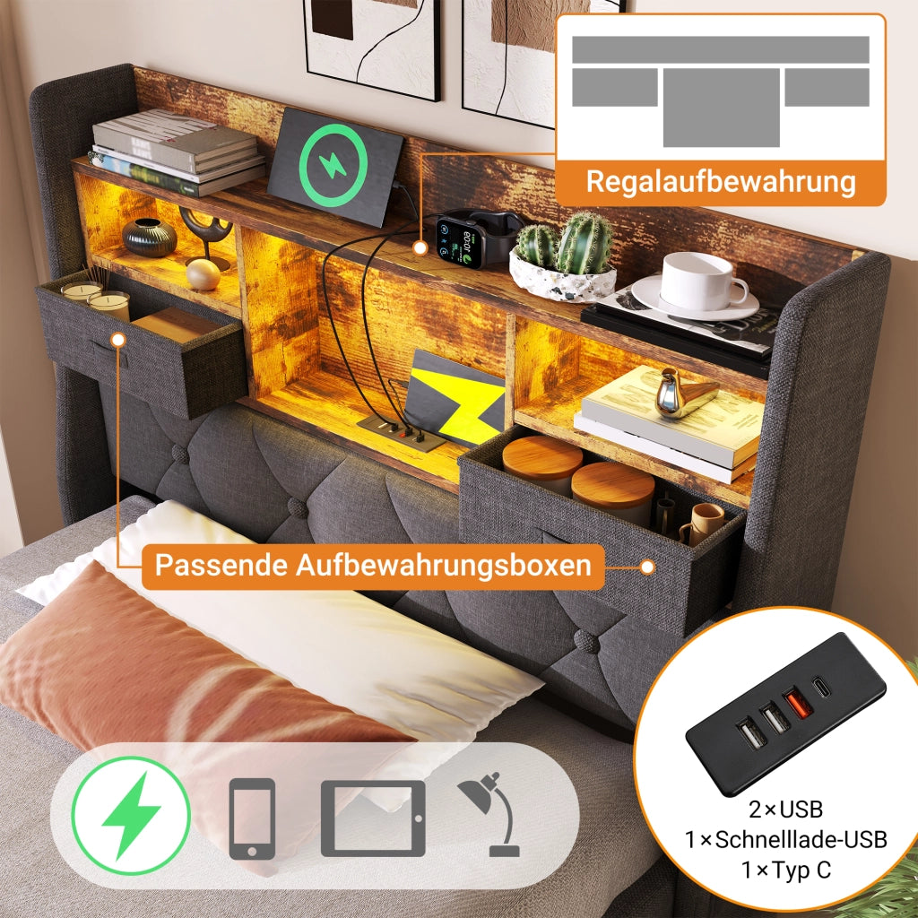LETTO contenitore 90x200 cm in lino grigio con LED, USB e testiera con ripiano