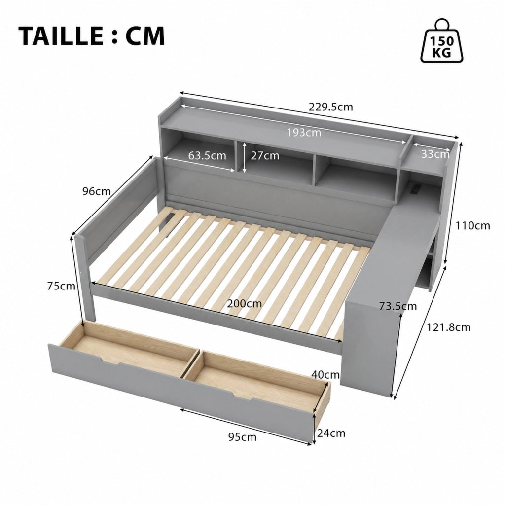 LETTO 90x200 cm con scrivania 2 cassetti USB e presa Grigio