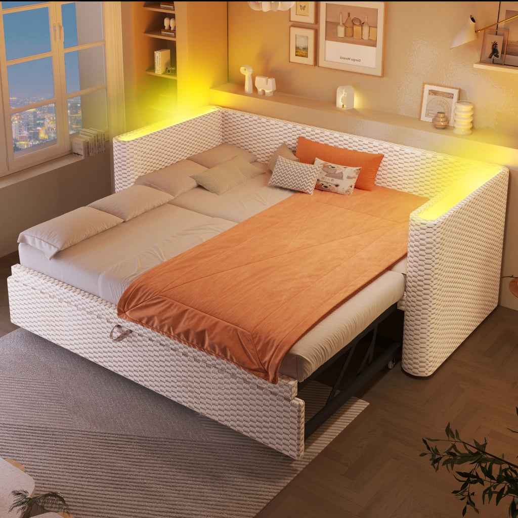 Daybed in velluto con letto estraibile e LED, 90x200/180x200 cm, beige