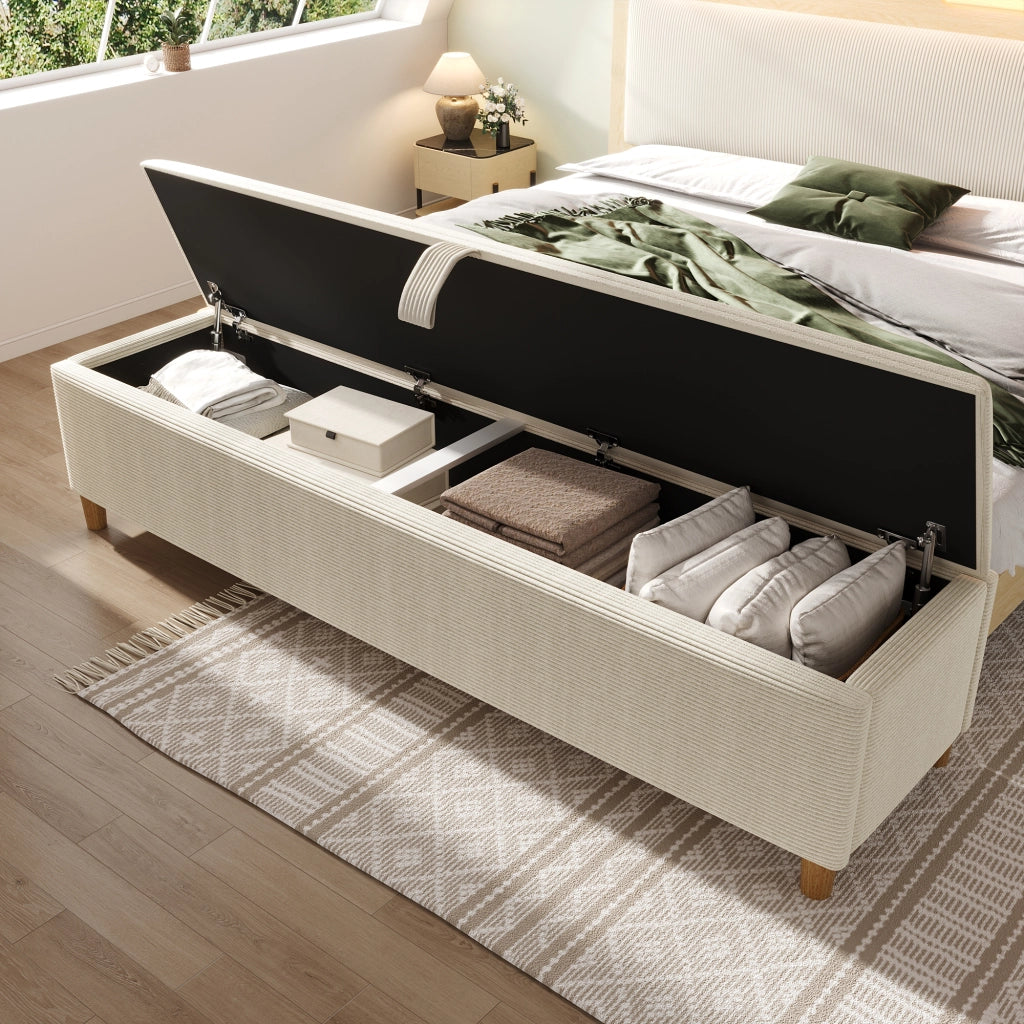 Panca Fondoletto Contenitore con Sollevamento Idraulico e Seduta Imbottita; Vano Capiente; Piedini in Legno; in Velluto a Coste Beige