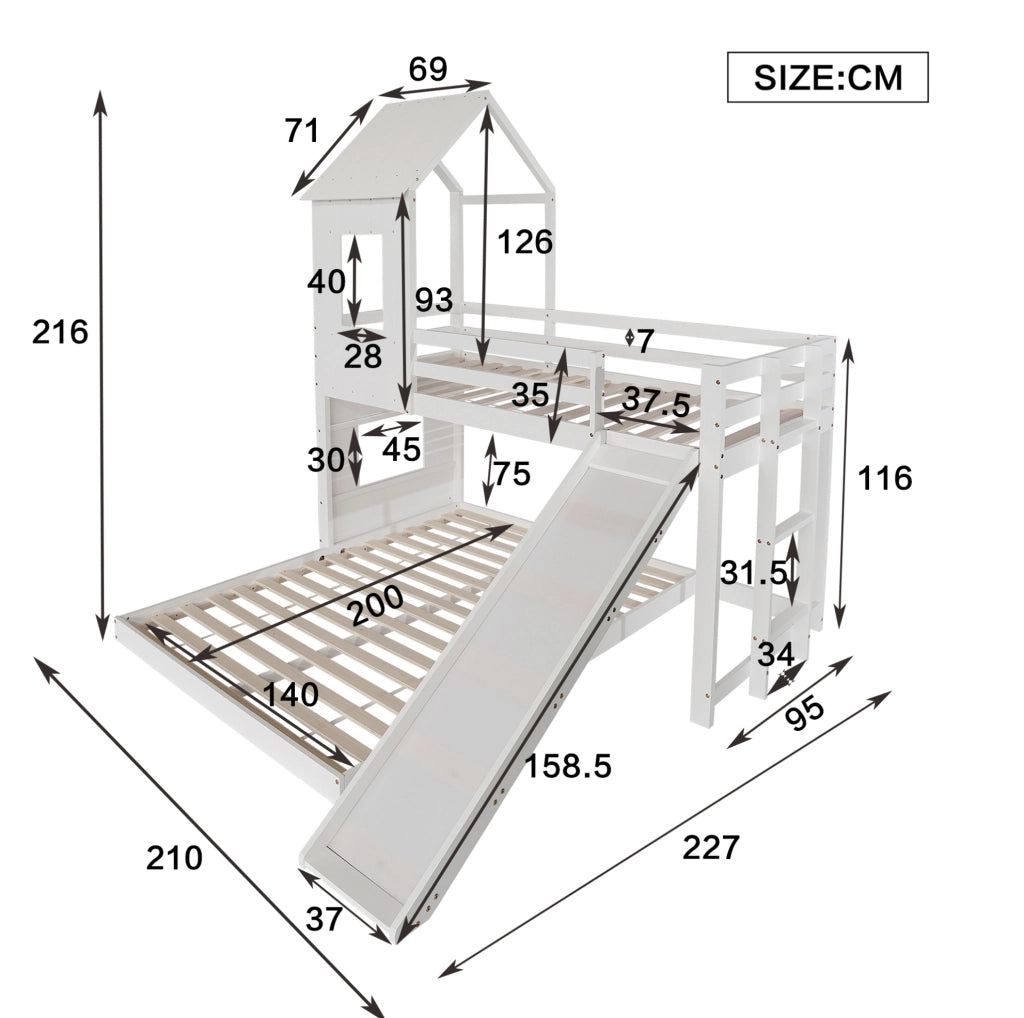 Letto a castello con scivolo 210x227x216 cm con tetto; finestra e scala a 3 gradini in legno e MDF bianco