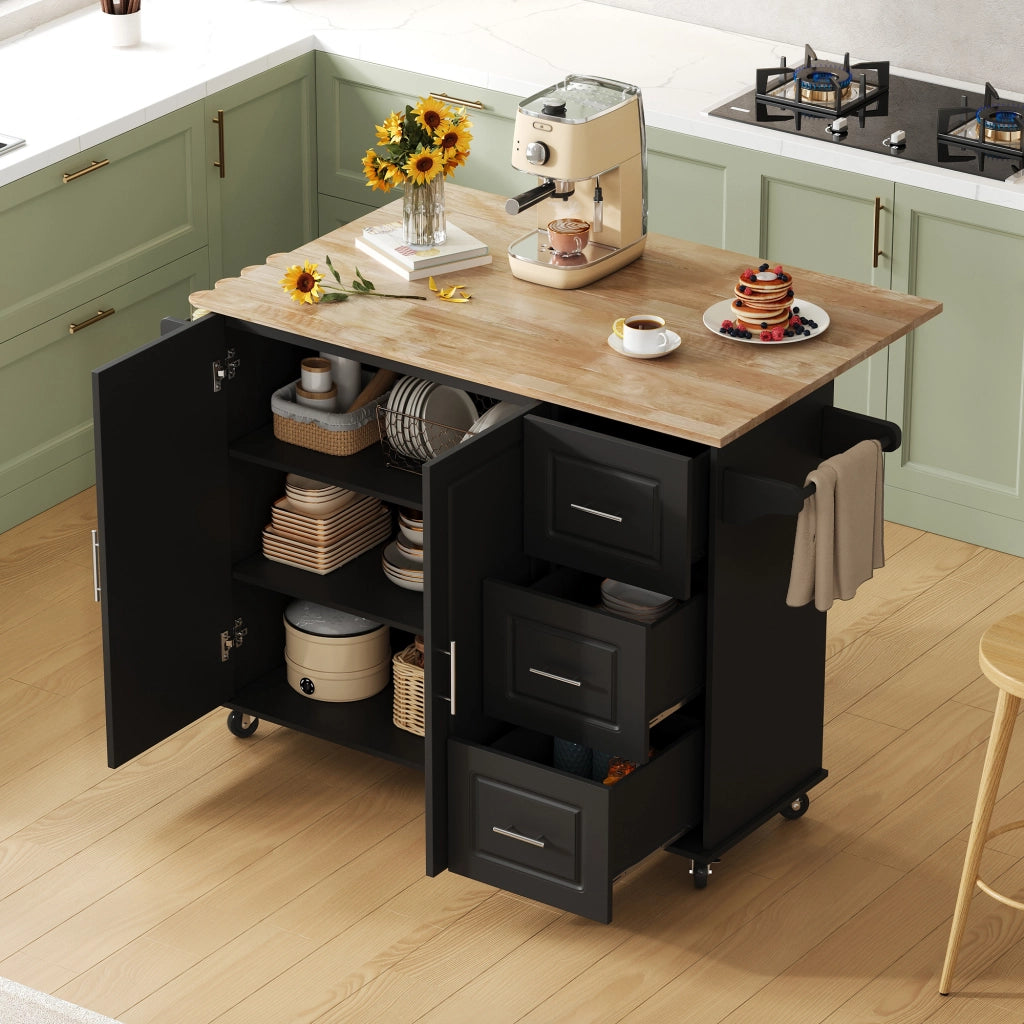 Isola da cucina mobile pieghevole con piano in effetto rovere, 3 cassetti, armadio a 2 ante e porta asciugamani, nero