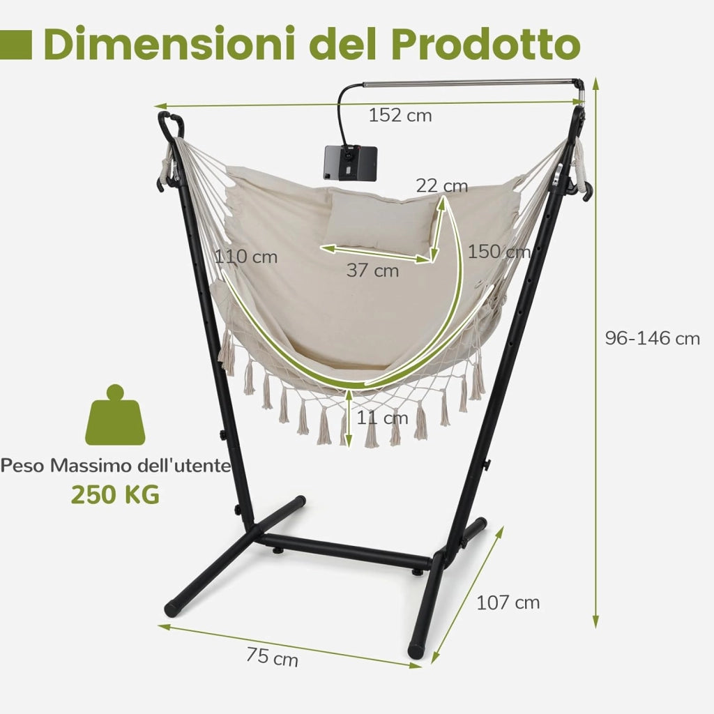 Sedia Amaca Sospesa con Supporto, Sedia Sospesa Regolabile in Altezza 6 Livelli, Supporto Porta Cellulare, Tasca Laterale, Cuscino, Portata 250 kg (Beige)