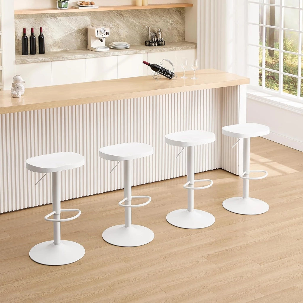 Sgabello da Cucina, Sgabello da Bar per Colazione in Legno Massiccio, Sgabello da Banco Regolabile in Altezza, Sgabello Girevole a 360° con Poggiapiedi, Bianco, BH413ws-1