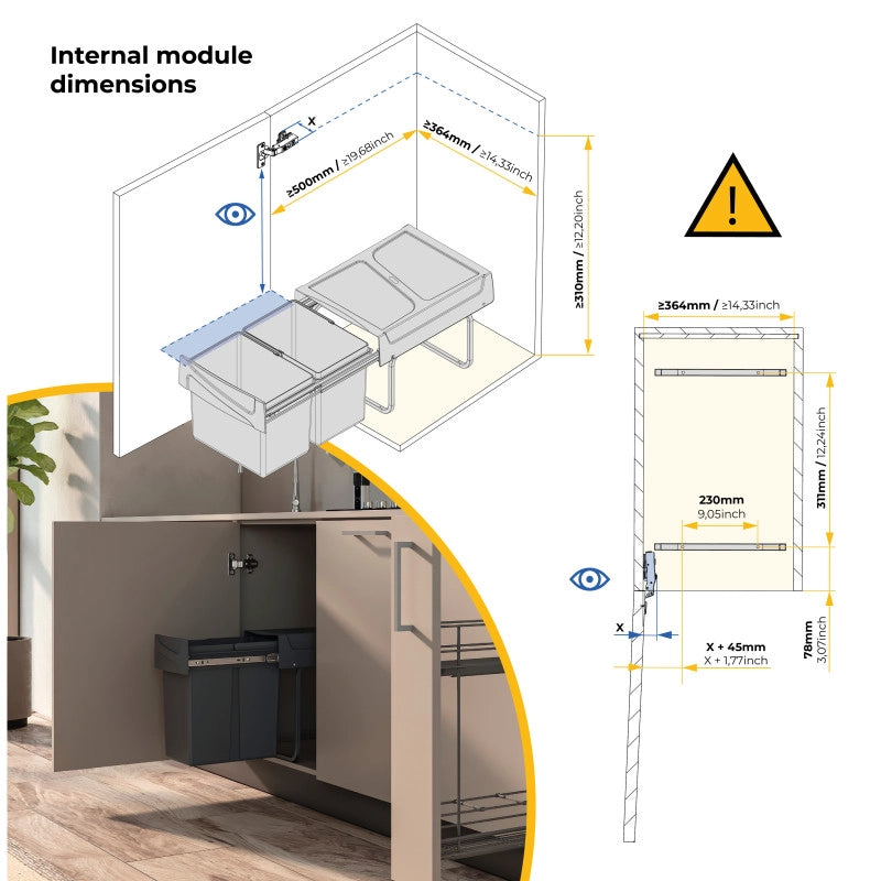 Kit di contenitori per la raccolta differenziata per cassetti da cucina Recycle Altezza Recycle 266 mm, 1x15 lt, 2x7 l..