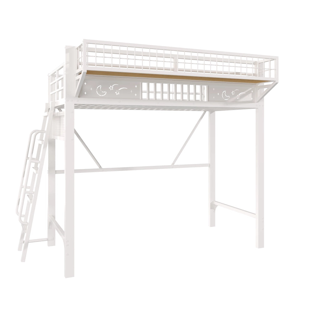 Letto a soppalco 90x200 cm in metallo bianco con vani contenitore laterali