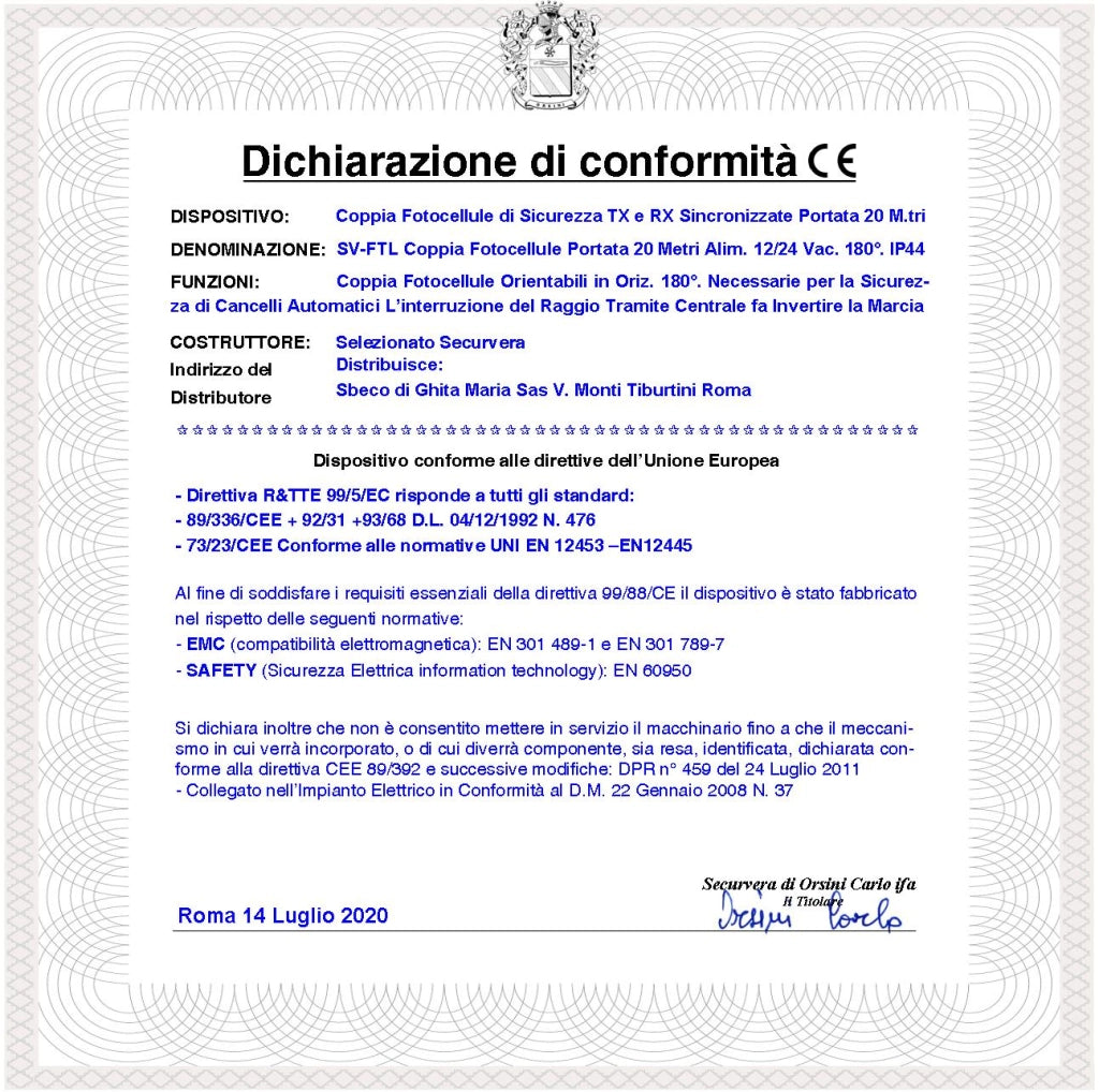 Coppia di Fotocellule Ruotabili 180° in Orizzontale Controllo e Sicurezza Cancello Elettrico Automatico TX e RX Portata 20 Metri Lineari Montaggio a Parete Oppure Palina Alimentazione 12/24 Vac IP44