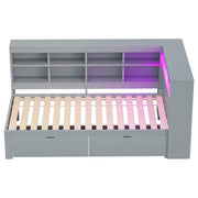 Letto singolo in legno 90×200 cm con USB; LED; ripiani e cassetti; senza materasso; grigio