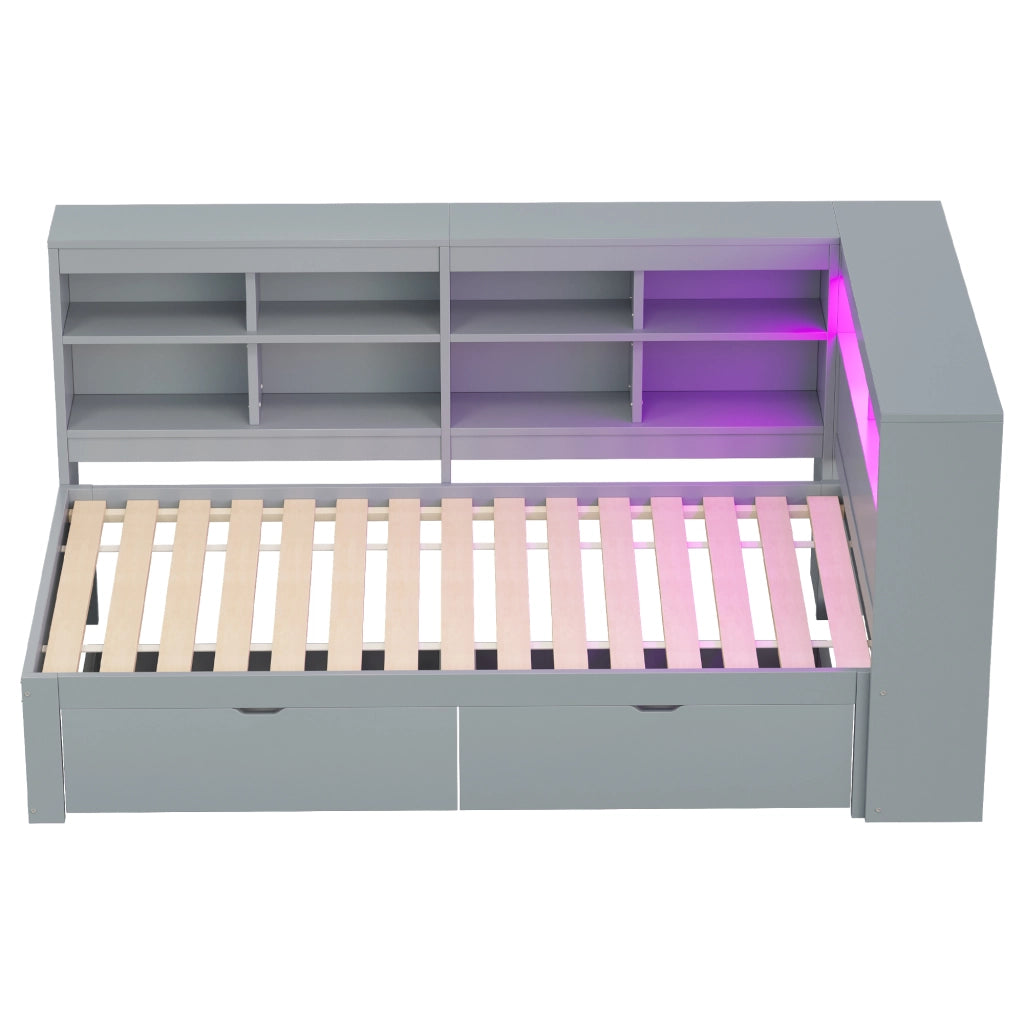 Letto singolo in legno 90×200 cm con USB; LED; ripiani e cassetti; senza materasso; grigio