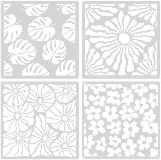 Set di stencil per fiori da 4 pezzi - Stencil riciclabili - 20 x 20 cm - Plastica - Per decorazione di parete - Duraturo e lavabile - Stencil per fiori