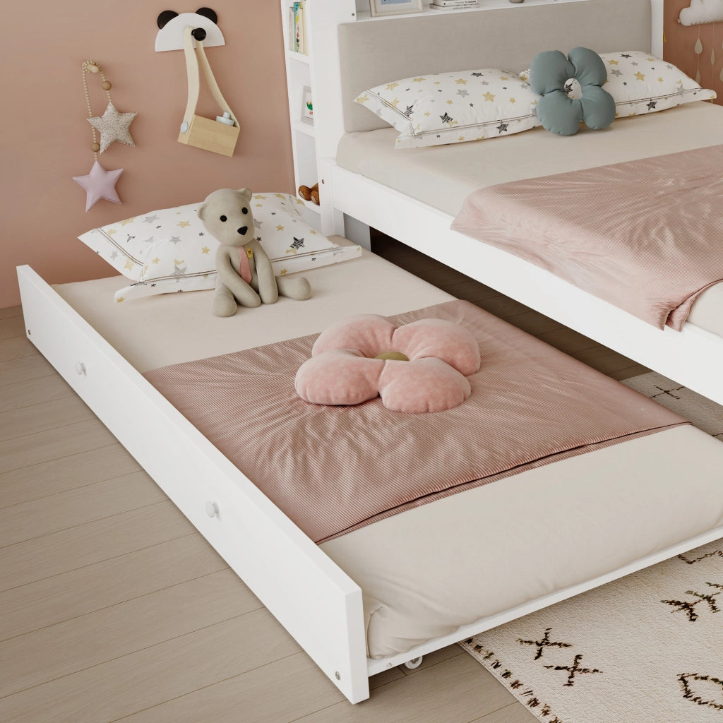 Letto Estraibile 120x200 cm; Letto 2 Posti con Stazione di Ricarica e Mensole - Bianco