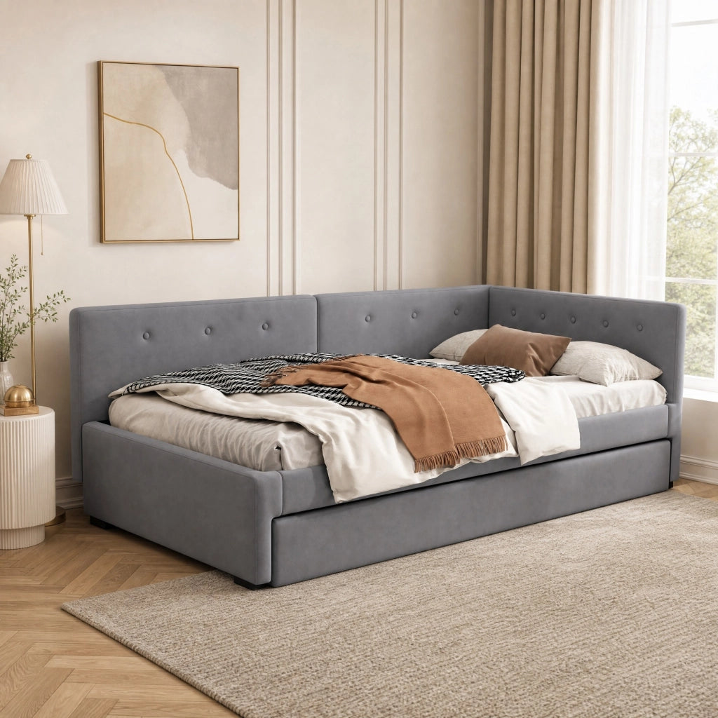 Letto singolo 90x200 cm con letto estraibile, in velluto grigio, senza materasso