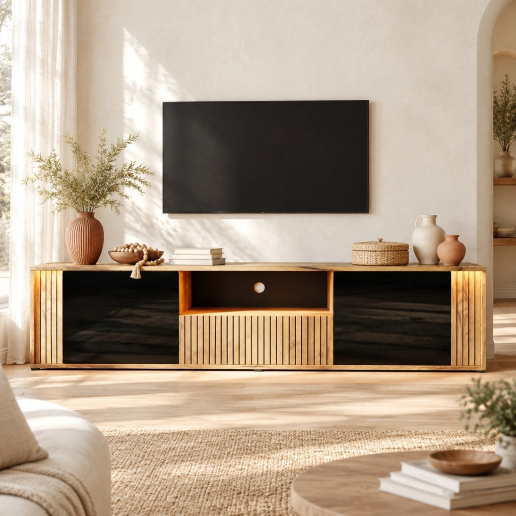 Mobile TV ULEVR 180x40x51 cm con LED Bluetooth, 2 ante e cassetto, nero e legno naturale