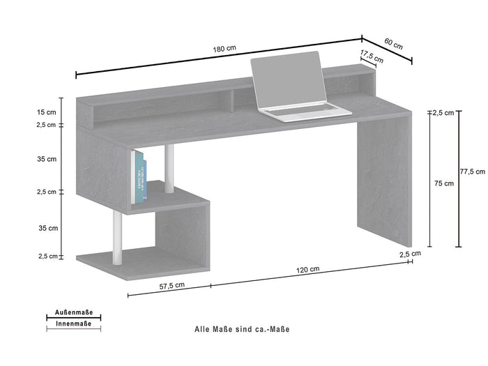Scrivania a Giorno 180x60x92,5 cm Esse Bianco Lucido