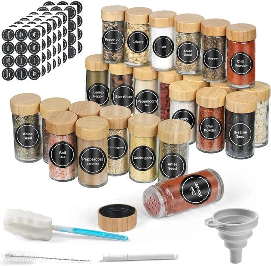 Set di 24 Boccette in Vetro con Coperchio in Legno e Etichette - 100 ml Kit di Boccette Erbacee