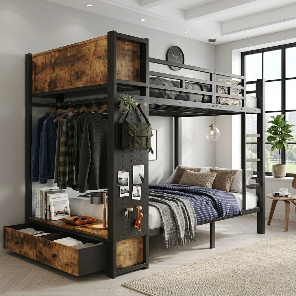 Letto a castello 120 × 200 cm con contenitore laterale, appendiabiti, cassetto, pannello forato et senza materasso