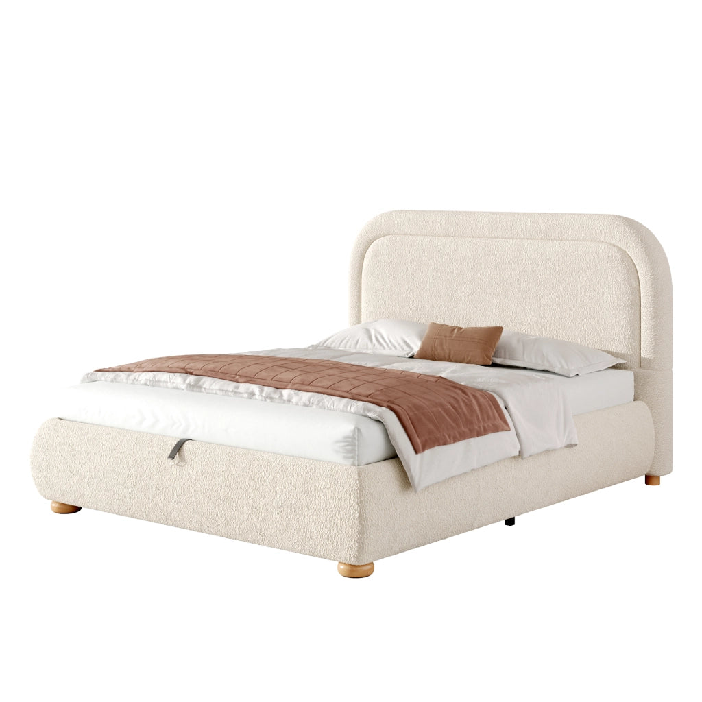 Letto matrimoniale 140 x 190 cm con contenitore idraulico, testiera imbottita e tessuto bouclé beige