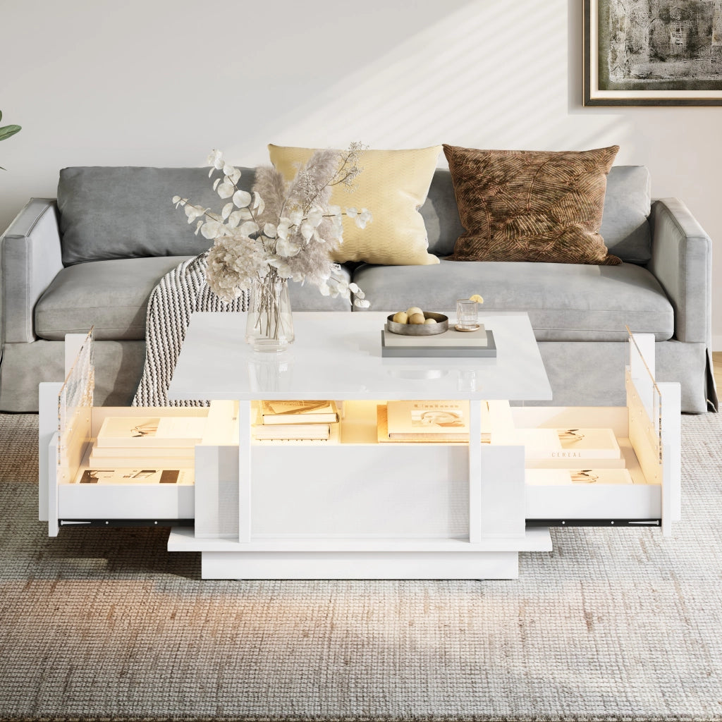 TAVOLINO Quadrato 70x70x35 cm Bianco lucido con 2 cassetti e illuminazione LED