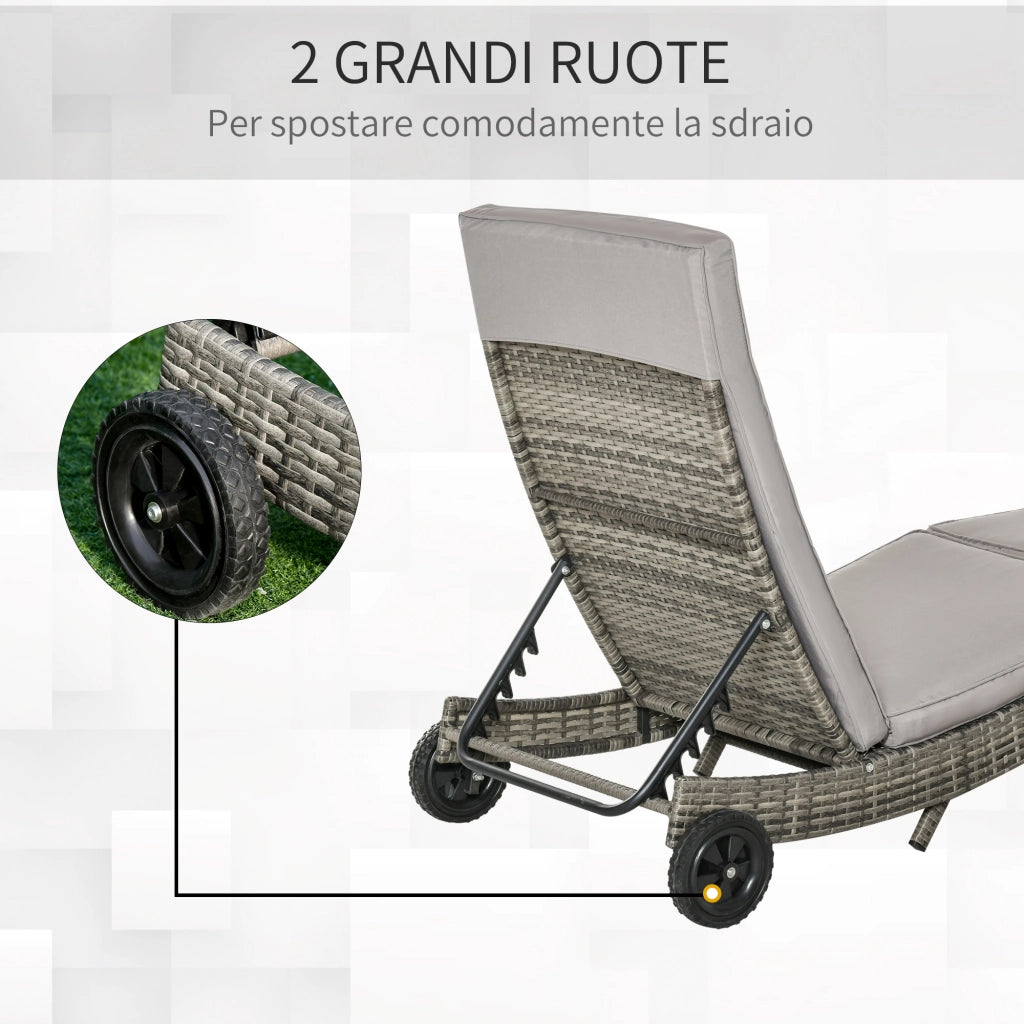 Sdraio da Giardino in Rattan PE con Schienale Regolabile e Cuscino. 207x70x70cm. Grigio