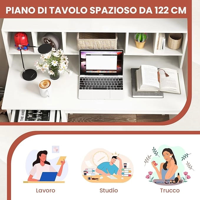 Scrivania con Cassetti e Libreria, Scrivania Moderna con Prese Elettriche, 5 Vani, 2 Cassetti e Porte USB, Scrivania Salvaspazio da Ufficio e Casa, Bianco