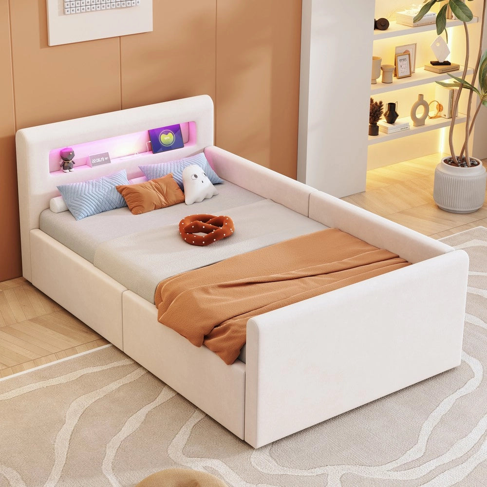 Letto Singolo Imbottito per Bambini con LED e Contenitore Idraulico ¨C MINIMAL ¨C Velluto Beige 90x200