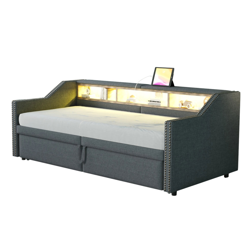 Divano letto imbottito estraibile 90/180 x 200 cm in tessuto grigio scuro con USB e LED
