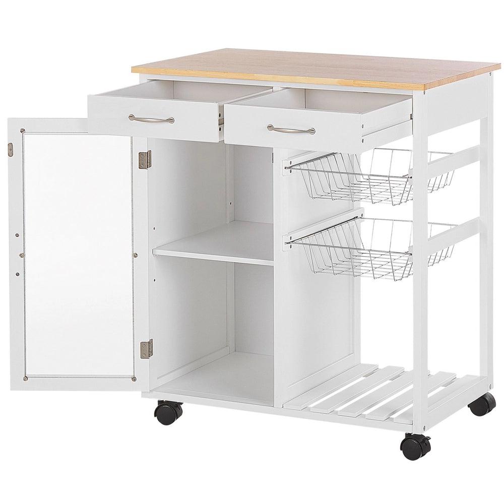 Carrello Cucina Legno Pino Bianco 2 Cassetti 1 Mobiletto 2 Scaffali Ruote Soggiorno
