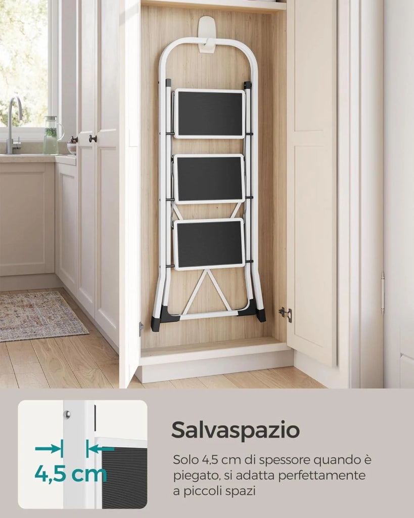 Scala a 3 Gradini  Pieghevole Facile da Riporre Portata max 150 kg, Bianco Semplice
