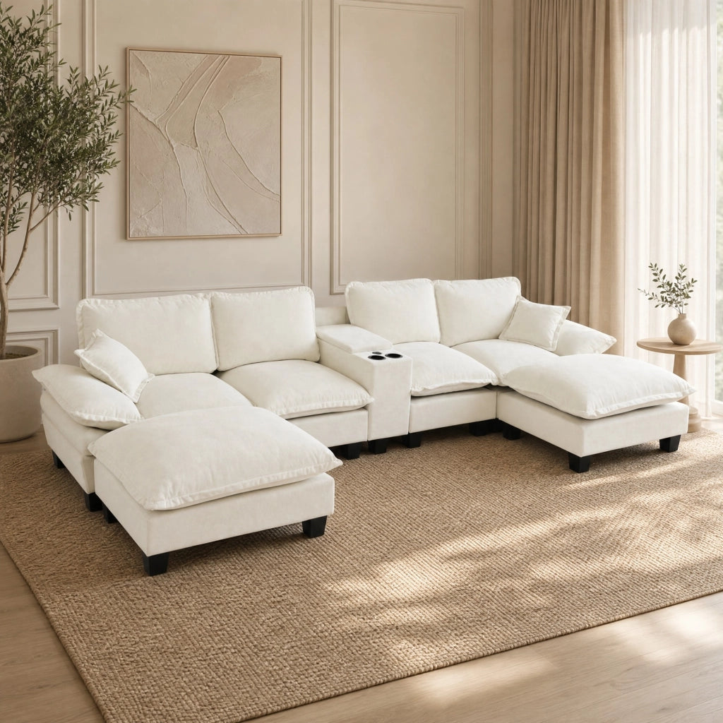 Divano modulare a U con contenitore; USB e portabicchieri in chenille beige 362×151×90 cm