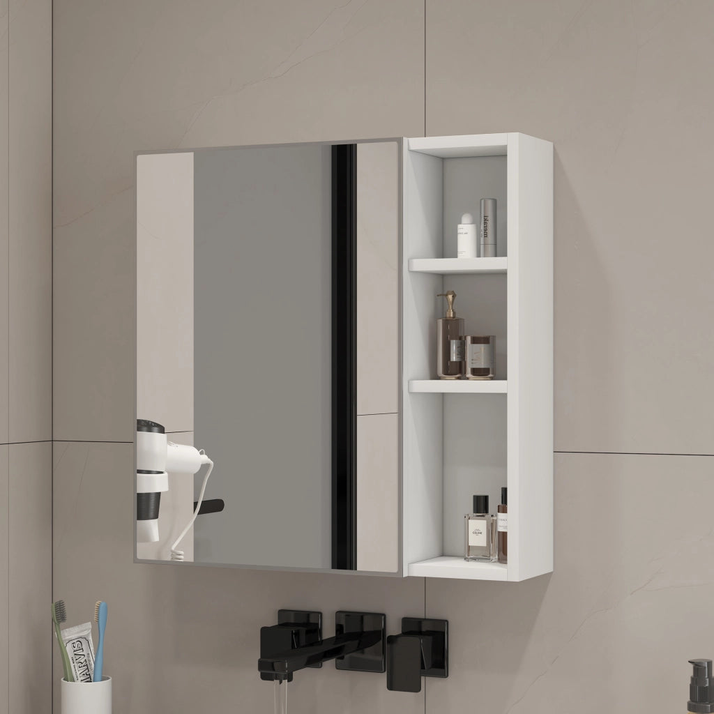 Armadietto a specchio da bagno con ripiani interni, porta specchio di sicurezza, per bagno e trucco, bianco, 55 × 56 cm