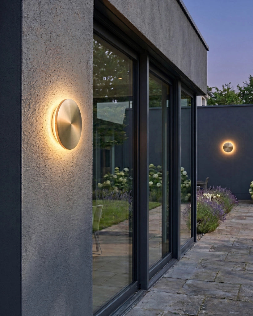 Set di 2 applique da esterno a LED rotonde per illuminazione d'accento, IP65, alluminio ottone, design moderno