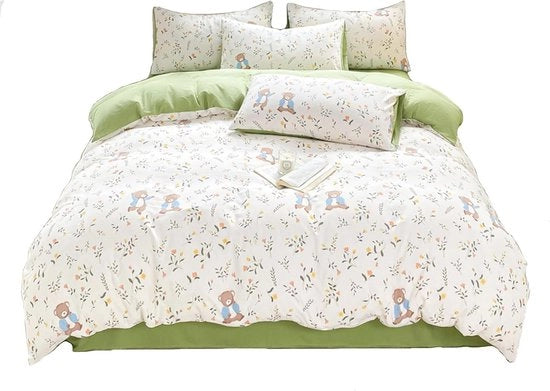 Set di coperte da letto in poliestere 100% - chiusura a lampo pratica - tono verde chiaro e bianco - coperta da letto 150 x 200 cm - lenzuolo 200 x 230 cm - cuscino 48 x 74 cm - atmosfera domestica, decorazione della camera da letto